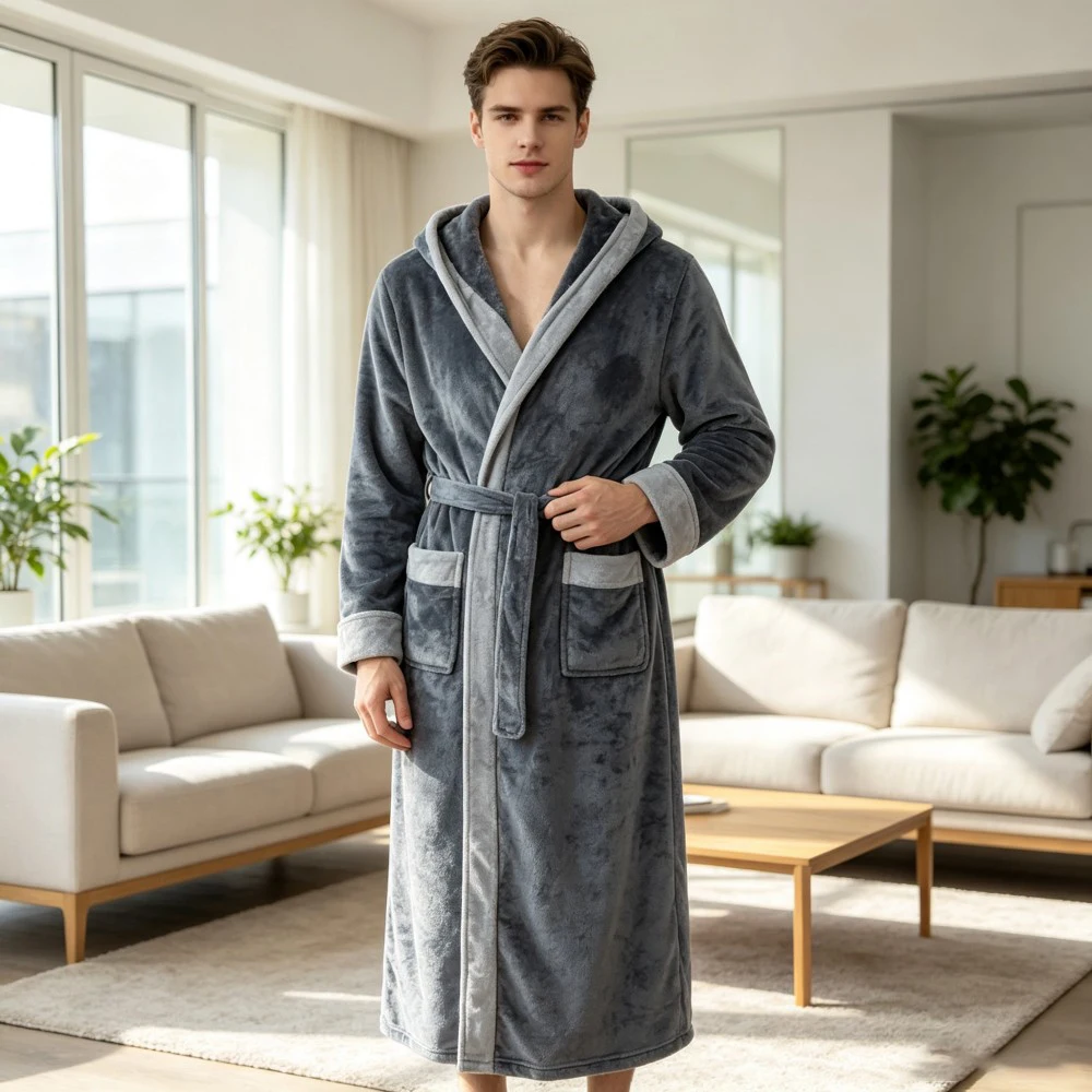 Men Hooded Flannel Bathrobe Long Plush Fleece Robe Contrast Color Sleepwear Warm Winter Home Gown with Pockets
