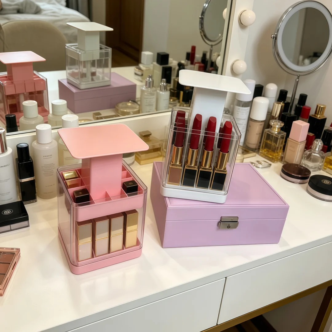 Large Capacity Cosmetic Storage Box Desktop Makeup Desk Press Lift Lipstick Holder Transparent Compartment Organizer Plastic Mat