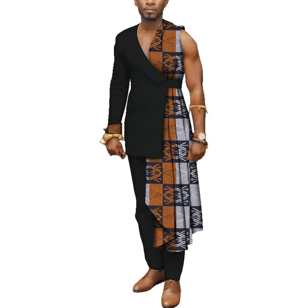 Men Bazin Riche Patchwork One-Shoulder Top and Pants Cotton 2 Pieces Pants Sets Special Custom Mens African Clothing WYN497