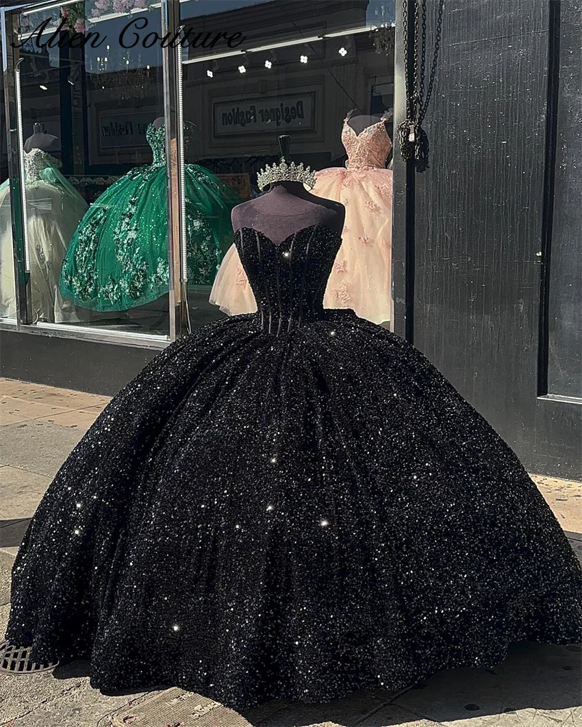 Sparkly Black Quinceanera Dress Sweetheart Corset Sequins Ball Gown Sweet 16 Robe De Bal Birthday Gowns