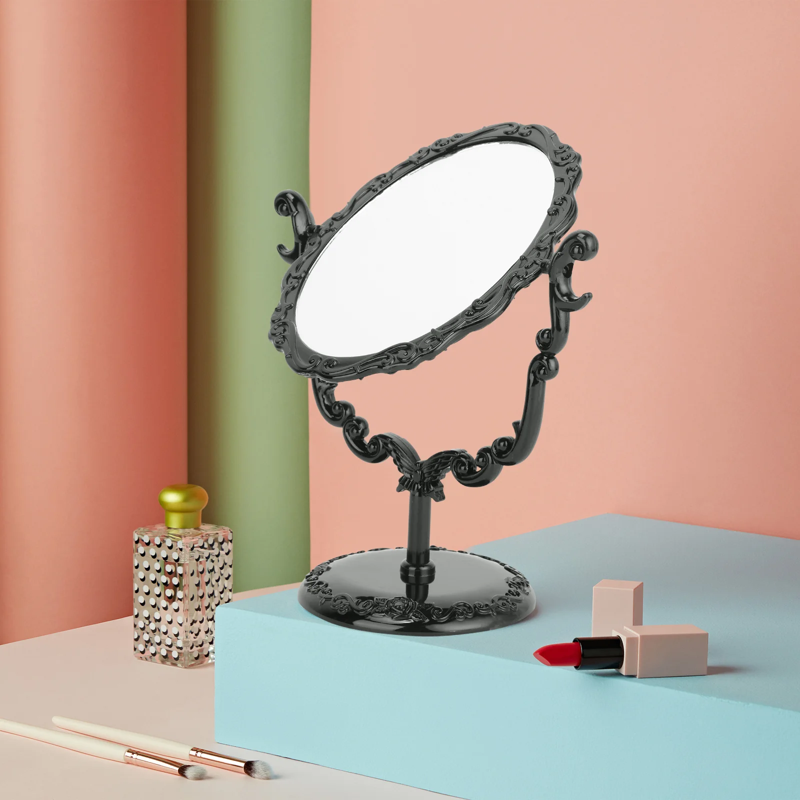 Gothic Desktop Rotatable Vintage Makeup Mirror Black Frame Elegant Rose Pattern Stable Bracket One Side Mirror