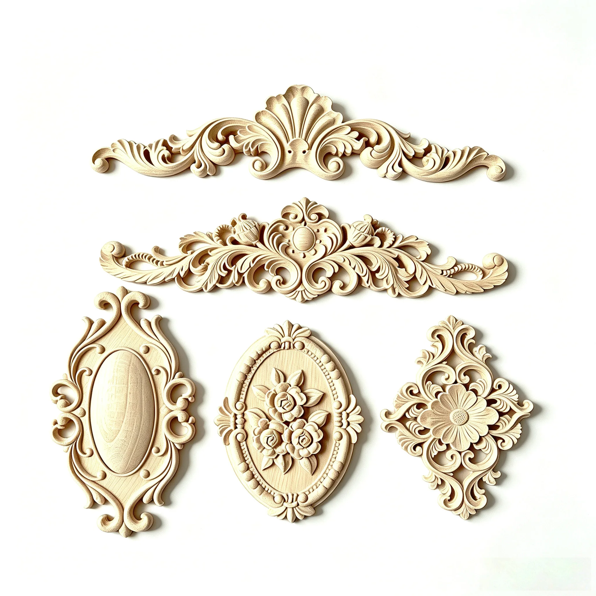 Wood Carved Applique Inlay Ornament, Long Floral Wooden Decor Corner Frame for Door Wall Furniture Decoration