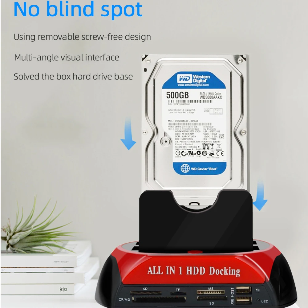 All IN 1 Dual-bay Hard Drive Station USB3.0 2.0 5Gbps HDD SSD Docking with 12V Power Adapter for 2.5/3.5 Inch HDD/SSD TF Card