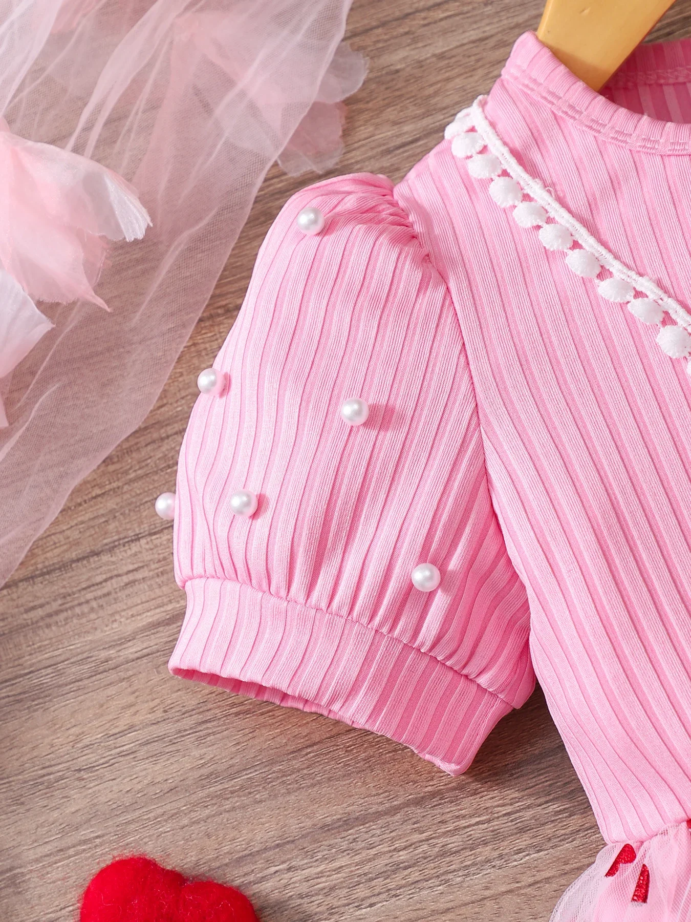 Gift bag! Round neck bubble sleeve pearl gauze dress Love gauze Valentine's Day and wedding partyFor children aged 4-7