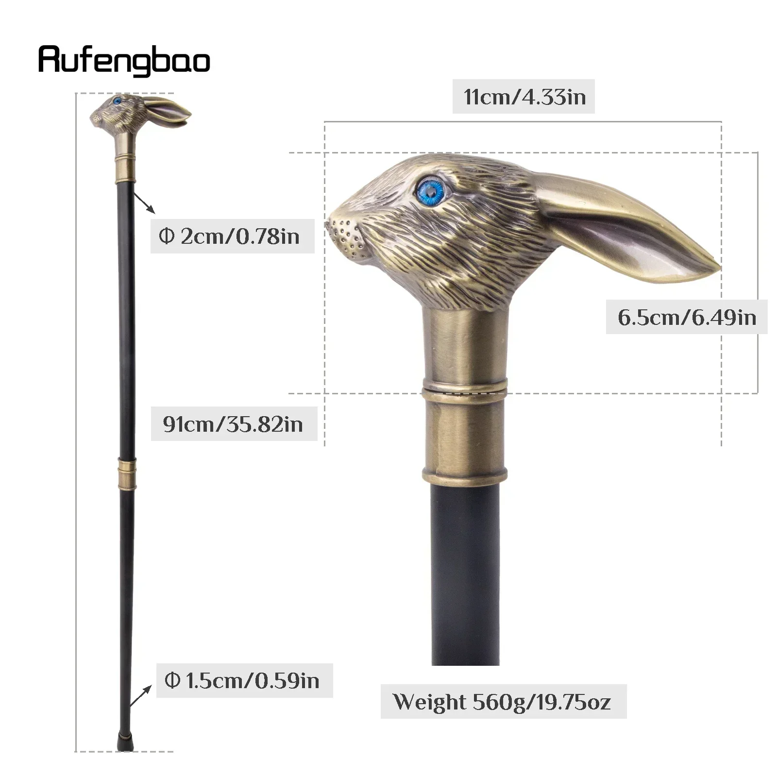 Copper Rabbit Long Ear Gentleman Walking Cane Fashion Walking Stick Gentleman  Performance stage Cane 93cm