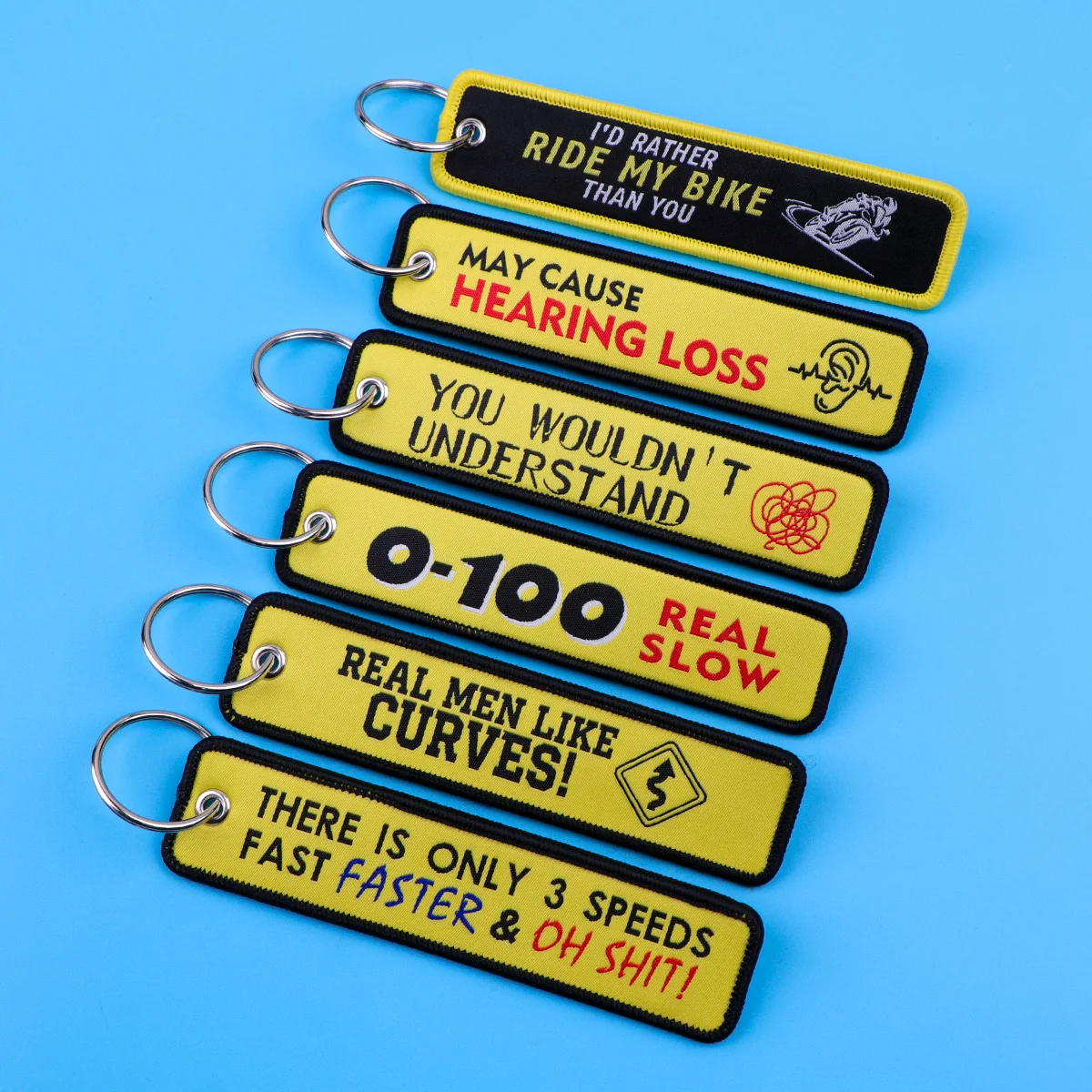 Motorcycle Embroidered Keychain Funny Quotes Key Tag Biker Keyring Accessories for Car Backpack Gift for Riders