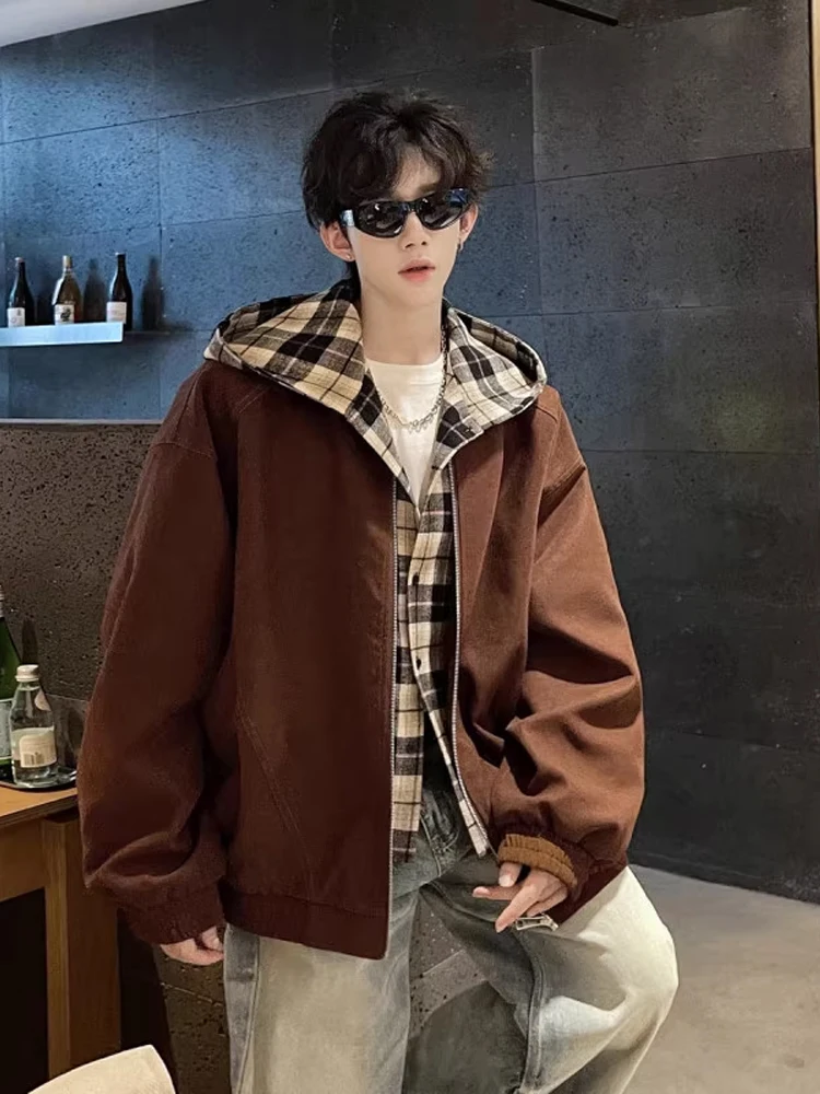 American Style Plaid Splicing Men's Casual Loose Fit Hooded Jacket Autumn Trendy Design Versatile Outerwear Polyester Fiber