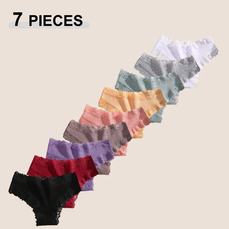 

7PCS Lace Floral Cotton Panties Women Seamless Solid Color Patchwork Lace Brazilian Pants Female Low Rise Breathable Underwear