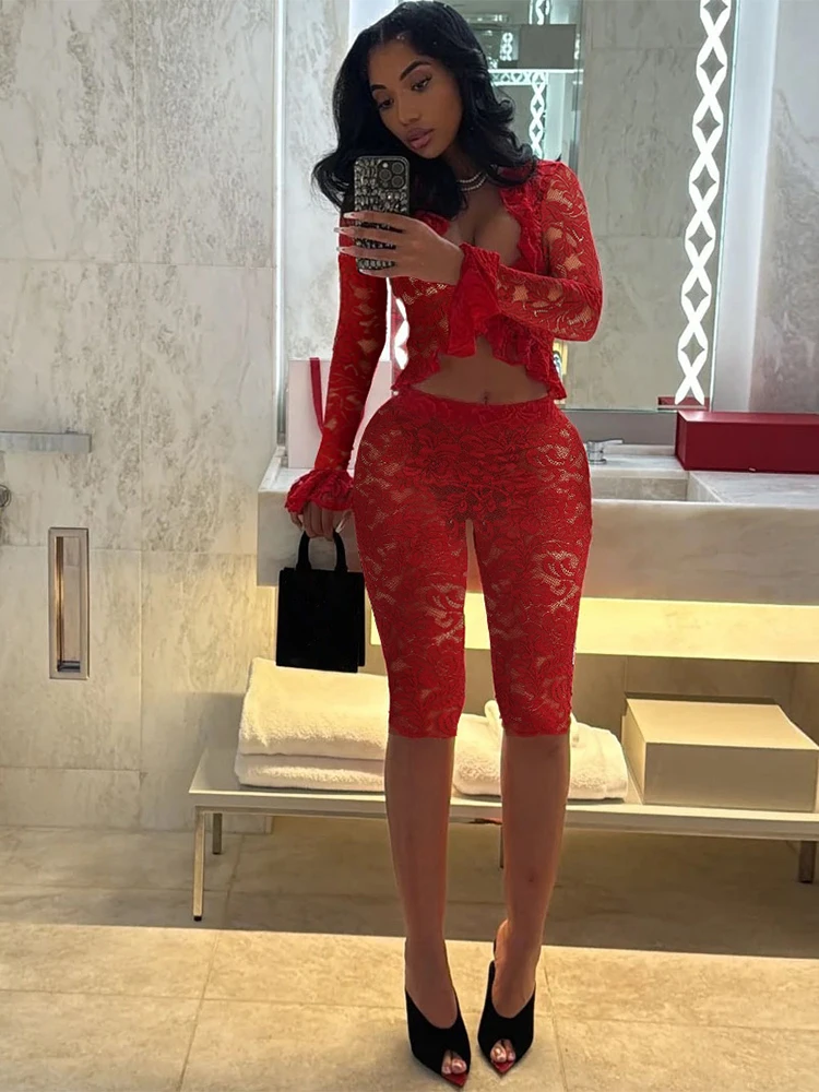 Cutenew Kant Geborduurde Vrouwen Shorts Set Sexy Hot Sheer Ruches Trim V-hals Volledige Mouw Tops + Bijpassende Bodems Mujer Club 2-delig