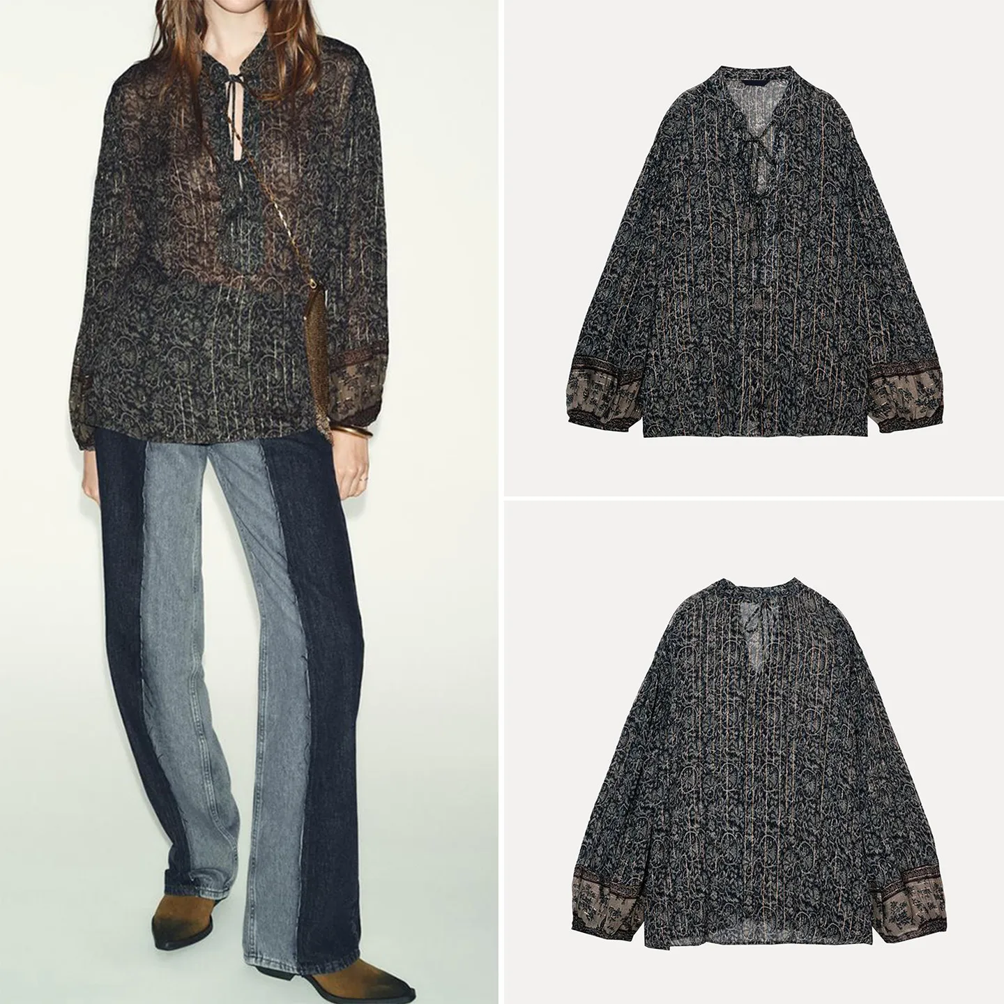 

Весна 2026: Женская свободная блузка с длинным рукавом, металлическим принтом и завязками на шее, повседневный стильный и элегантный дизайн