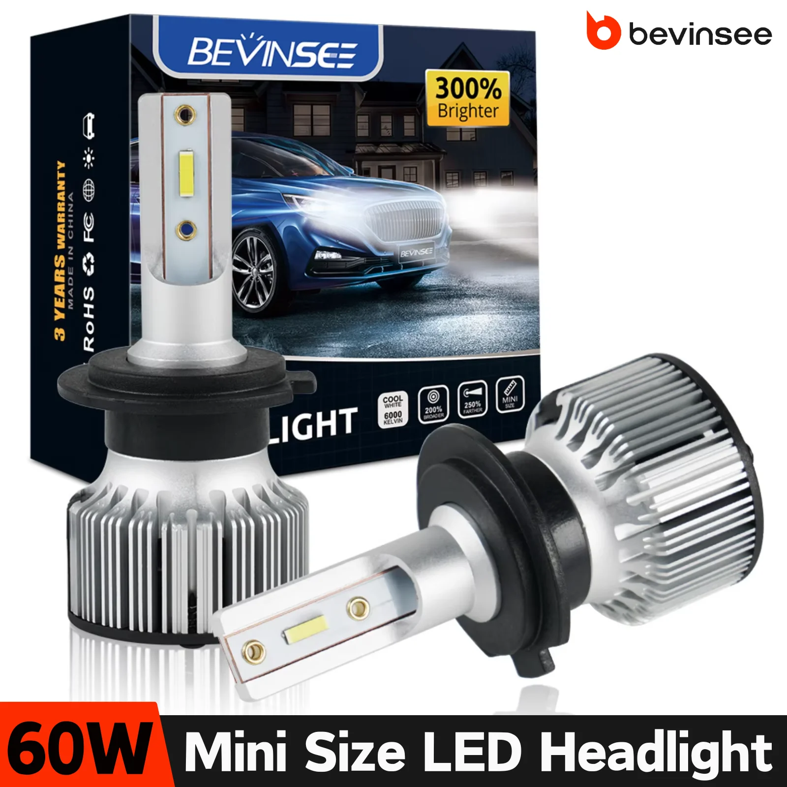 

BEVINSEE Ampoule LED H7 H4 HIR2 Lamp for Car 60W 10000LM Mini Size 9005 HB3 9006 HB4 LED Fog Lights 6000K White Plug&Play 12V