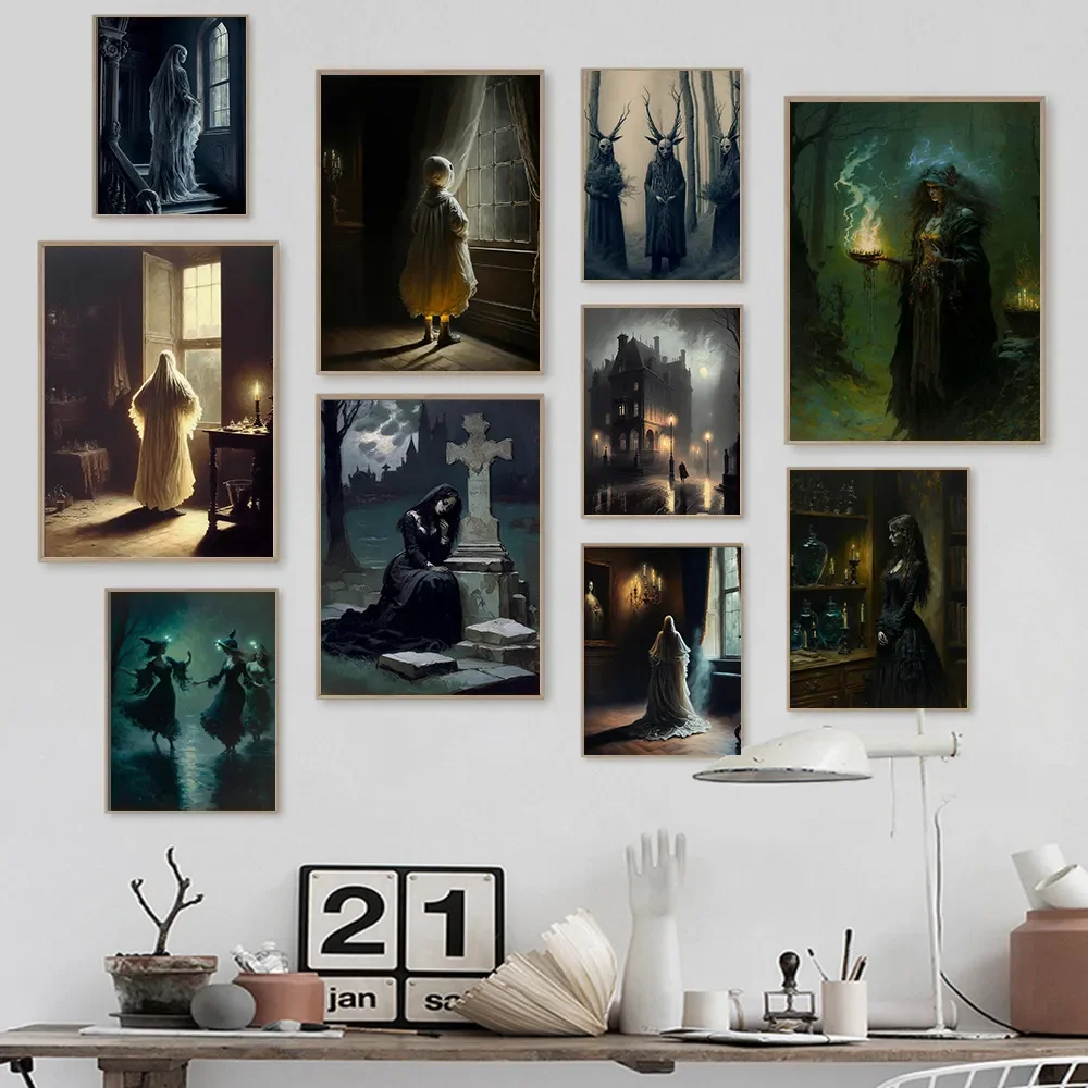 Spooky Ghost Painting Gothic Witch Poster Halloween Art Creepy Gothic Vintage Painting Mystical Art Prints Home Decor