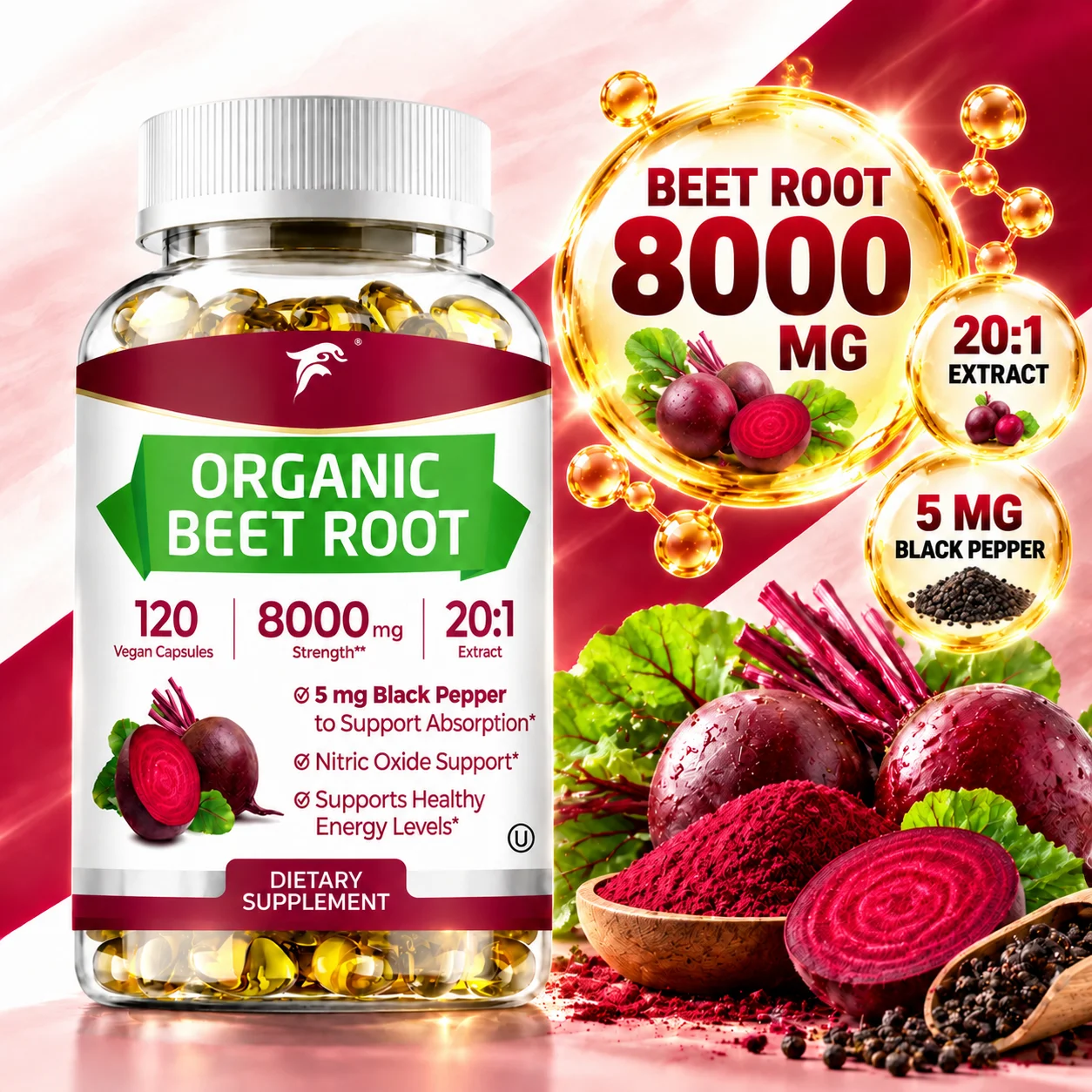 Organic Beet Root Capsules with Black Pepper, Support Heart Health & Exercise, Fatigue, Brain Fog, Stamina, Energy for Fitness