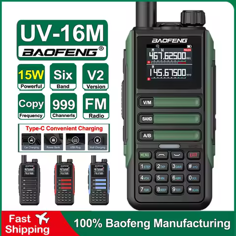 Baofeng UV16M V2 15W Walkie Talkie Frequency replication Six Band With Type-C Cable Upgraded UV9R UV16 Plus Ham Two Way Radios