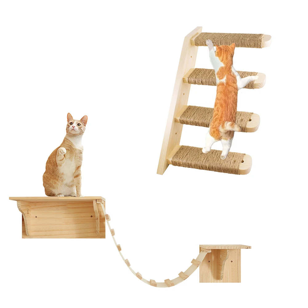 Meuble mural pour chat, hamac, étagères d\'escalade, poteau à gratter, étagères d\'escalier en bois, échelle en sisal, cadre d\'escalade