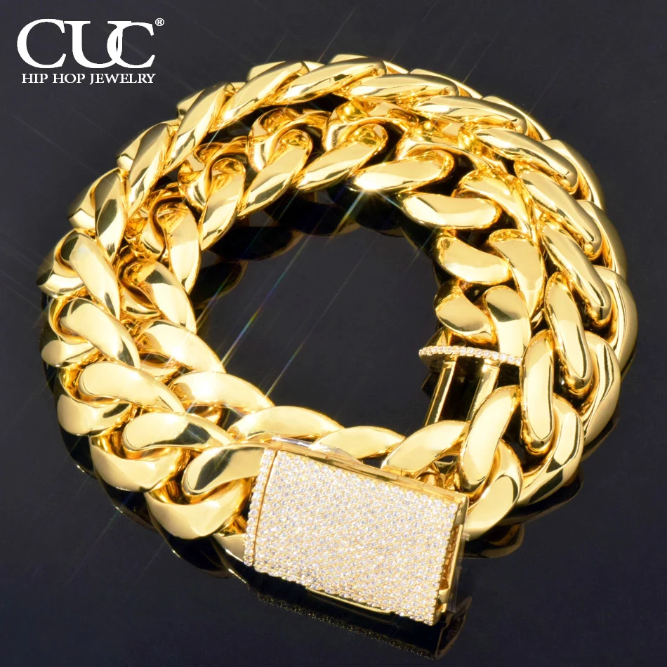 CUC Iced Out Miami Cuban Chain 8mm 16mm  20mm Men Solid Hip Hop Necklace Gold Silver Color with Zircon Clasp Lock Rapper Jewelry