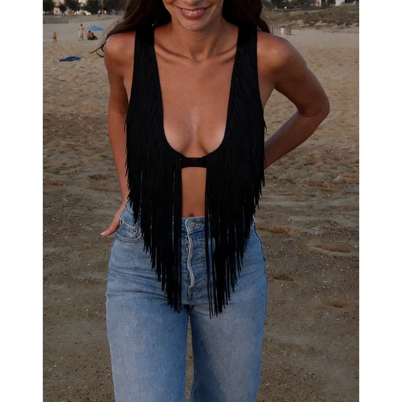 Women‘s Deep V Neck Cowgirl Fringe Tank Tops Summer Sleeveless Irregular Tassel Hem Vest Y2k Backless Party Clubwear