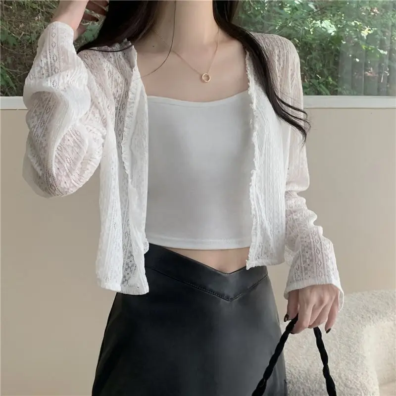 Cárdigan de gasa de encaje con protección solar para mujer, chaleco fino transparente de verano, prendas de vestir exteriores con vestido deslizante, Chaqueta corta, Top