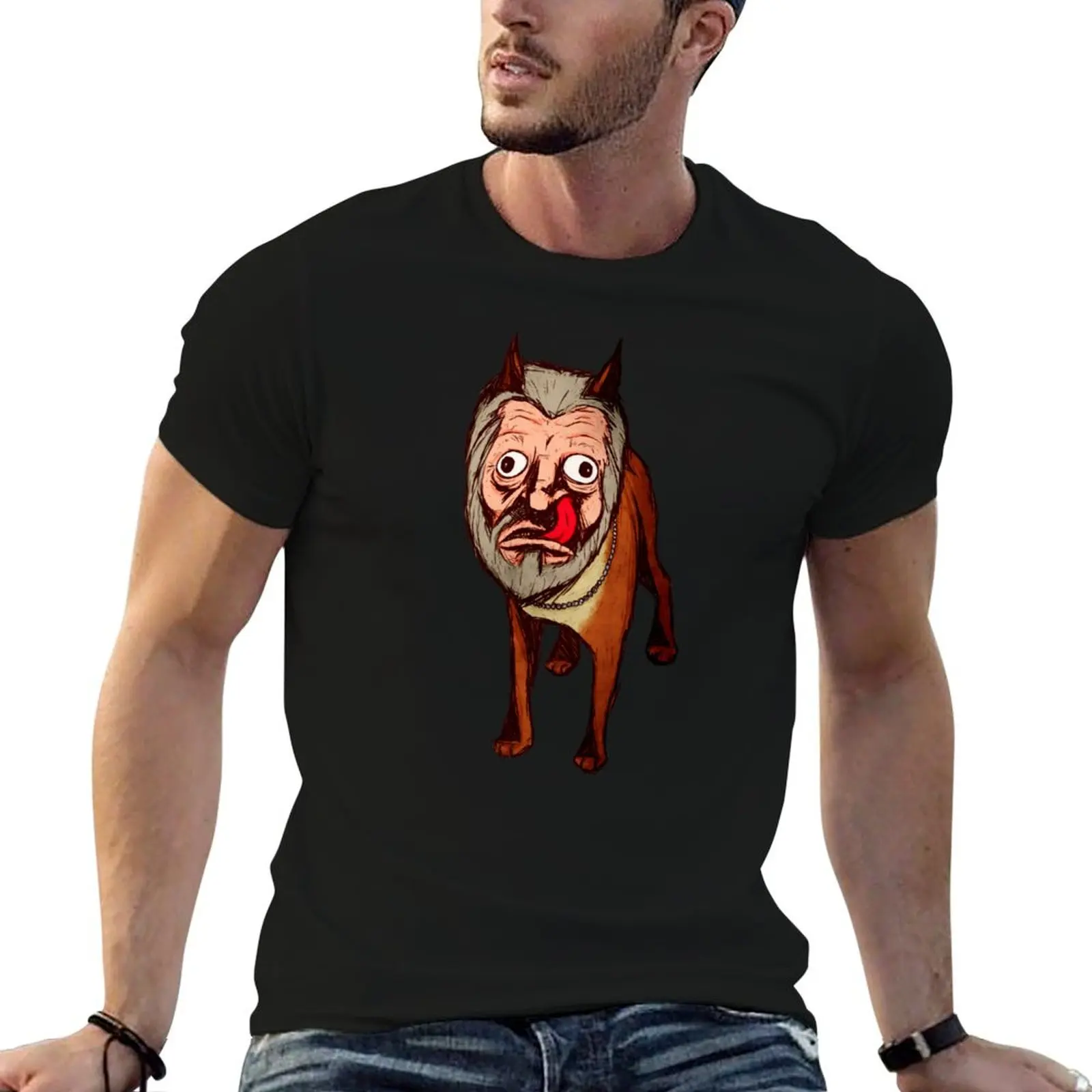 Man Faced Dog! T-Shirt custom shirt anime Short sleeve tee funny t shirts for men