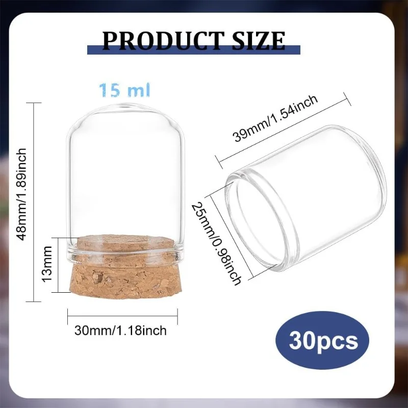 30 แพ็ค 15ml ขวดแก้วขวดแก้ว Cloche โดมตกแต่งขวด 1.5x1.1 "พร้อม Cork Stoppers สําหรับ PARTY Favors Art