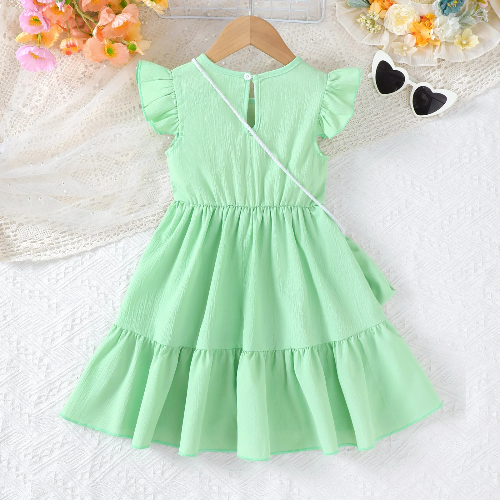 1-6 Year Old Children Girls' Summer Dress Knitted Small Flower Pleated Skirt Mini Bag Two-Piece Set Girls' Sweet Style Dress