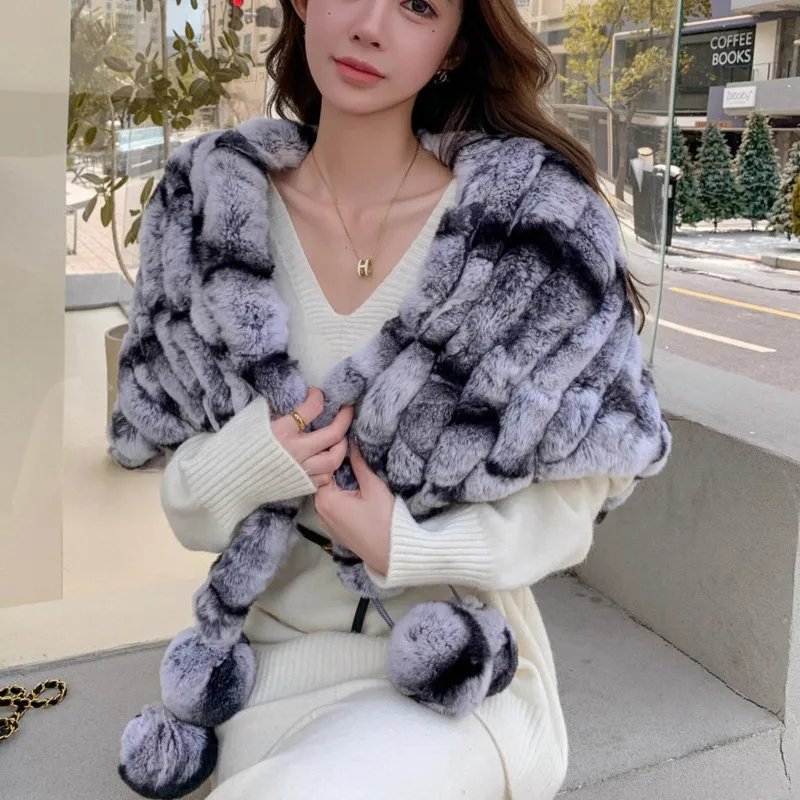 Real Rex Rabbit Fur Shawl Winter Women Real Fur Cloak Shawl Thickened Warm Neck Warmer Fur Scarves Luxury Hand Knitted Cape