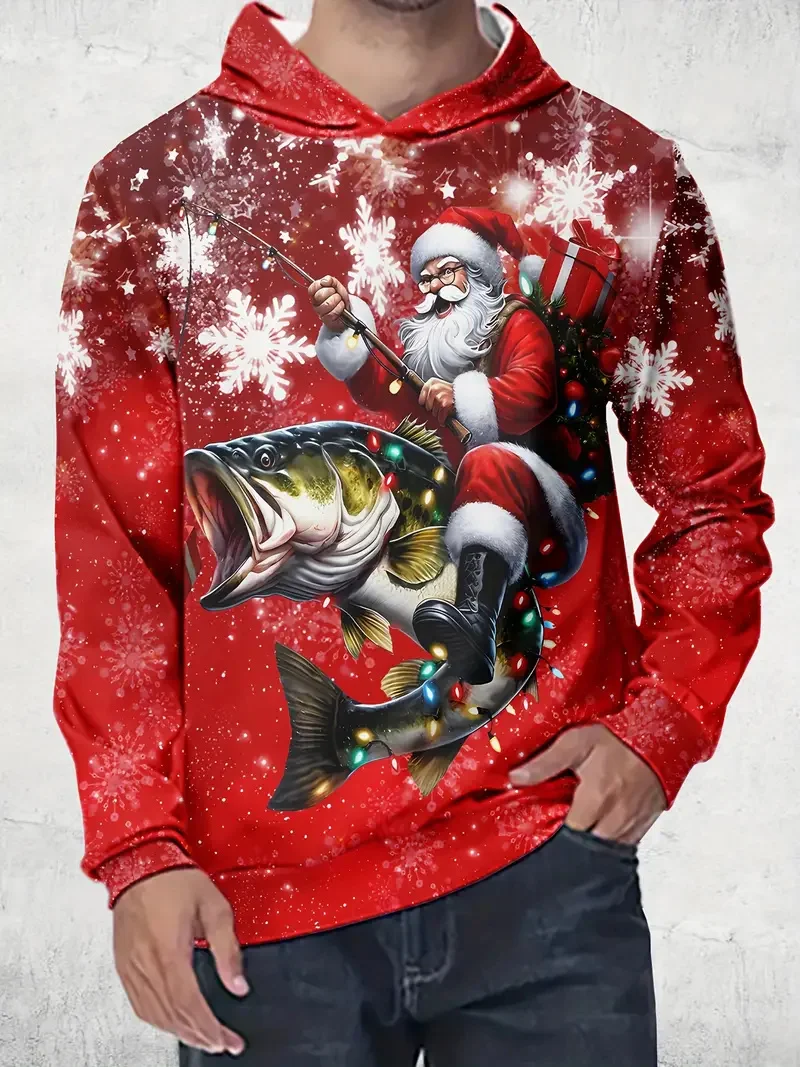 

3D Printed Chirstmas Carnival Hoodies For Men Funny Santa Claus Fishing Pattern Long Sleeved Clothing Fashion Casual Sweatshirts
