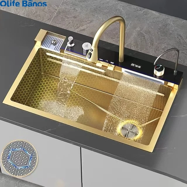 Tiktok New Trend Golden Nano SUS 304  One Piece Automatic Cup Washer Piano Digital Display Two Waterfall Faucet Kitchen Sinks