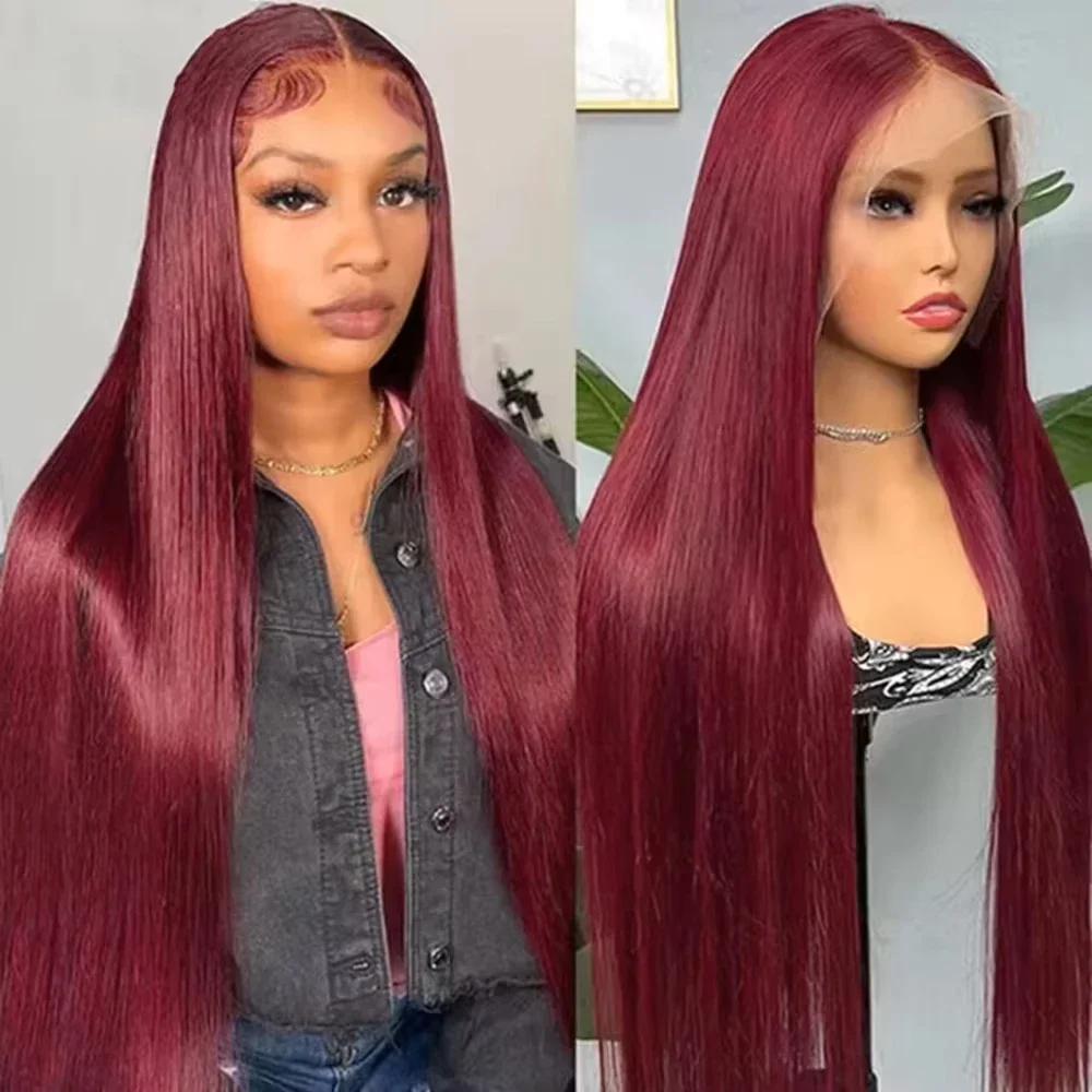 99J Red Colored Human Hair 13x4 13x6 HD Transparent Lace Frontal Wigs Burgundy Straight 220% Density 30 46 Inches Pre Plucked With Baby Hair For Women