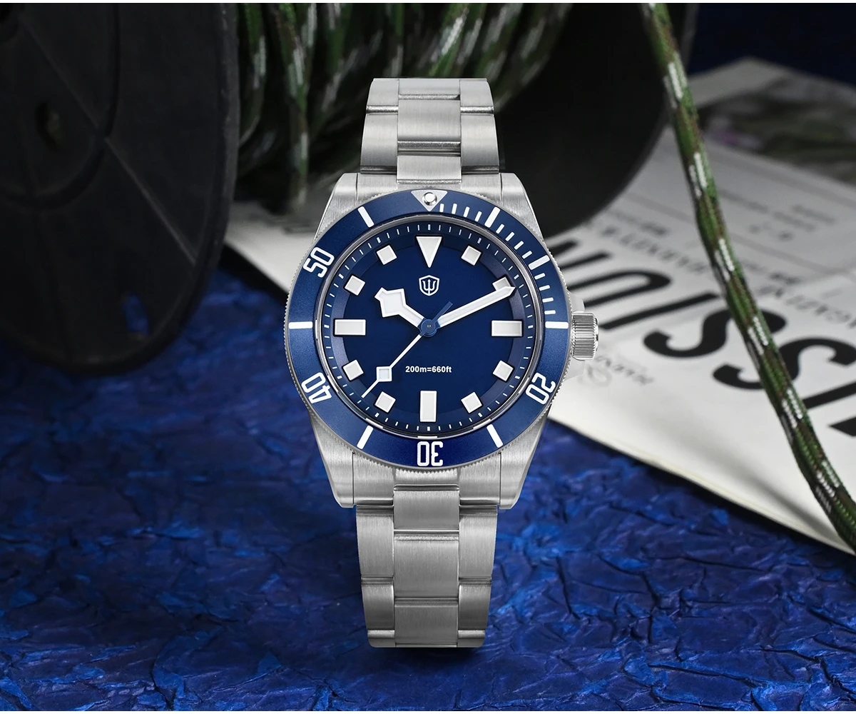 Watchdives wd1969 pro 38mm relógio de quartzo vh31 varredura segundos movimento 20bar à prova dwaterproof água bgw9 azul luminoso relógios vidro safira