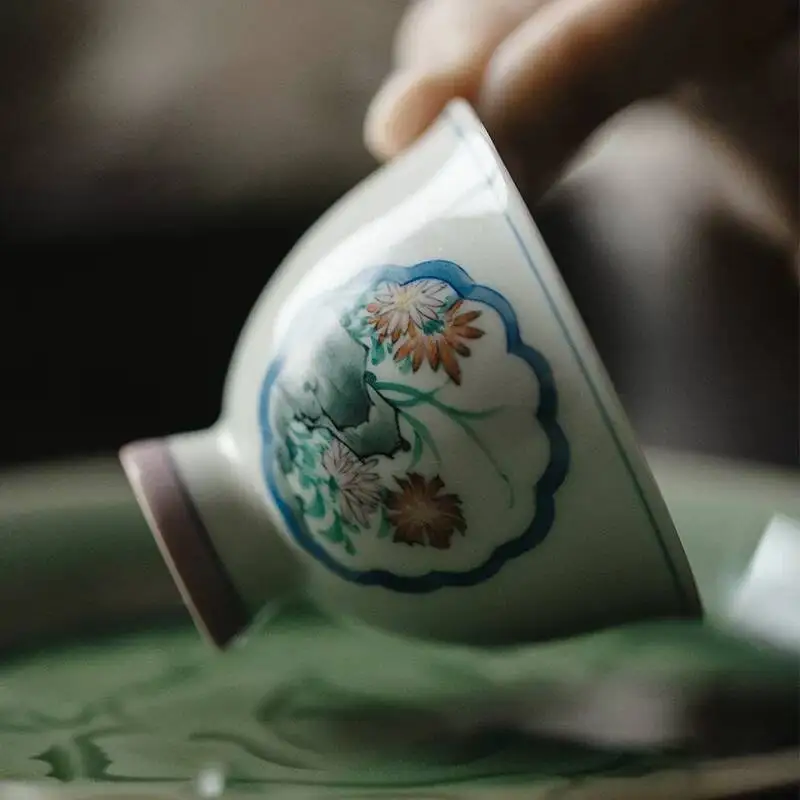 Wuyintang ancient Style Celadon High Footed With Underglaze Powder Color Mountain Scenery Master Hand Painted Tea Tasting Cup