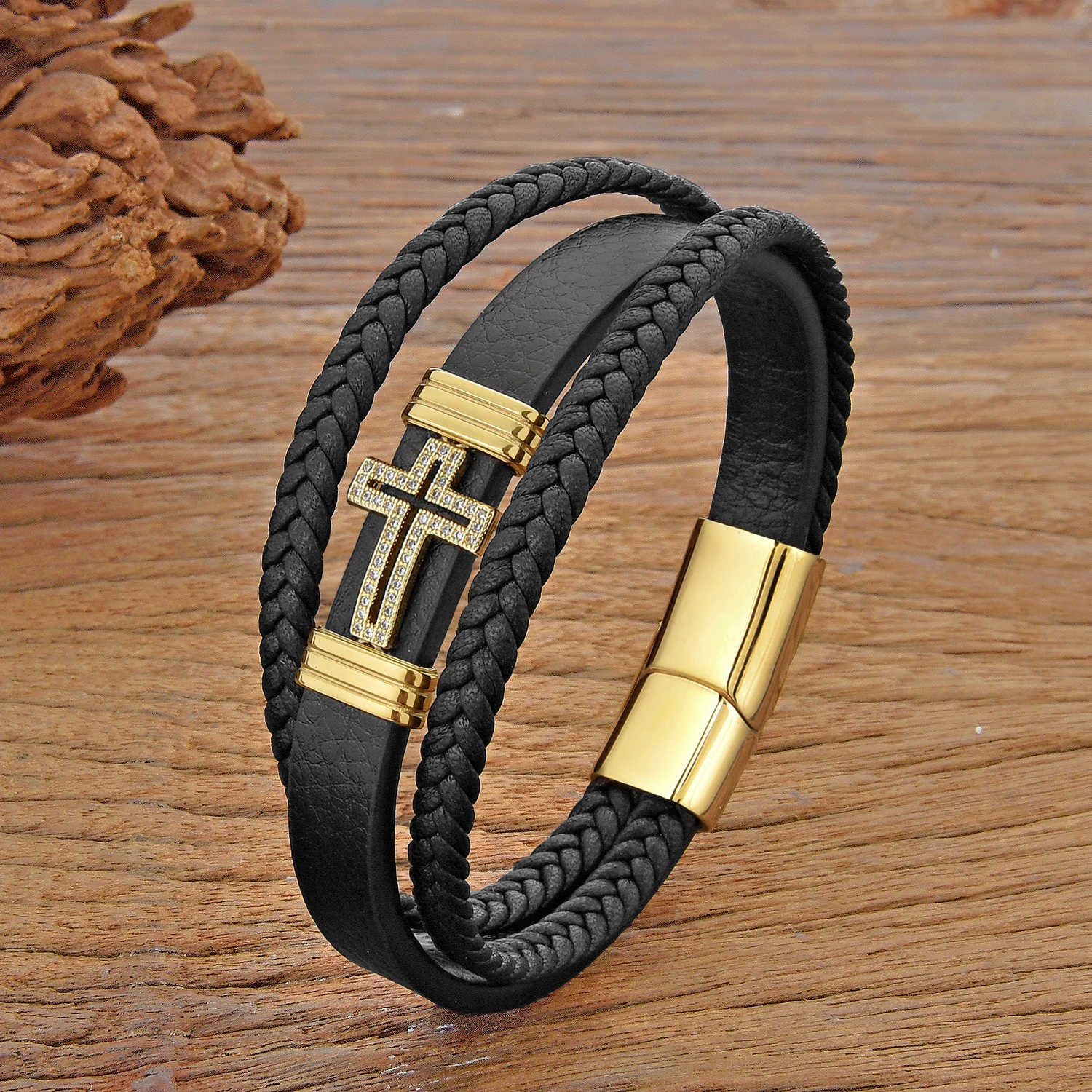 Mens Bracelet Fashion Hand-made Leather Personality Religion Jewelry Brass Microinlay Cubic Zirconia Bangles for Women Gifts