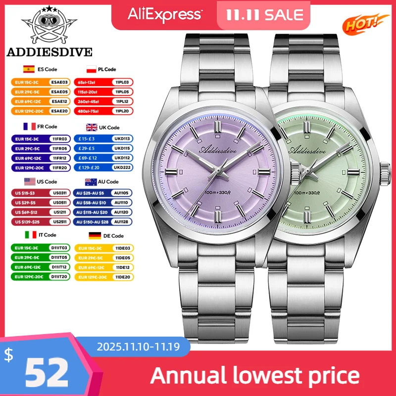 ADDIESDIVE NEW Luxury Dress Watch 36mm AR Coated VH31 Quartz Watches Bubble Glass BGW9 Luminous Waterproof Simple Men's Watch ﻿