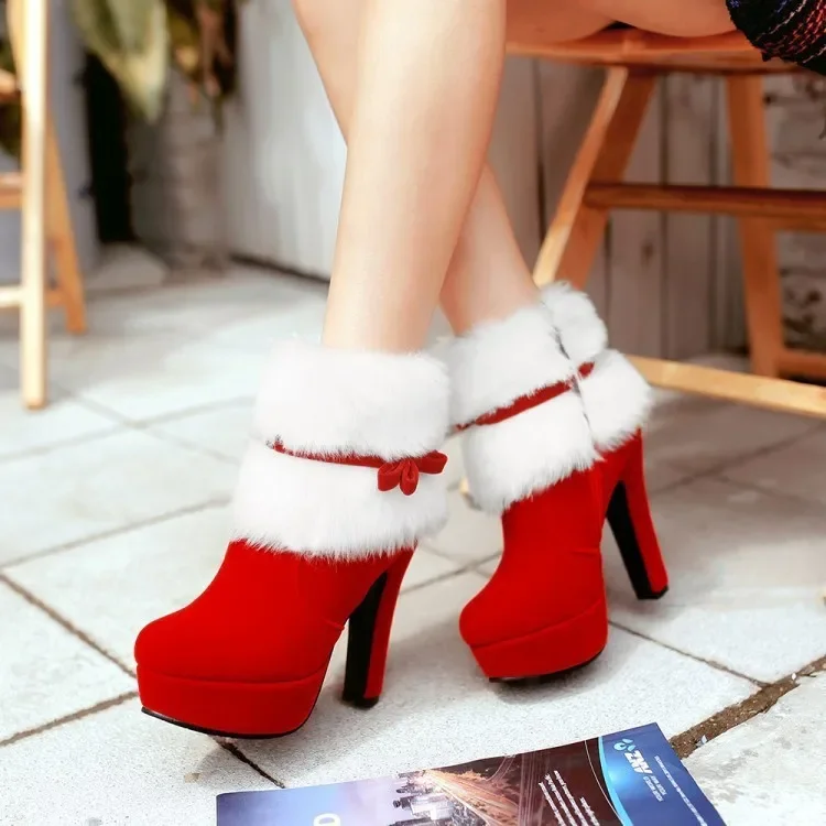 ผู้หญิง Bowknot Design Stiletto Heel Fuzzy ข้อเท้าฤดูหนาวรองเท้ากันน้ําแพลตฟอร์มรองเท้าส้นสูงโบว์ตกแต่งคริสต์มาสสีแดง