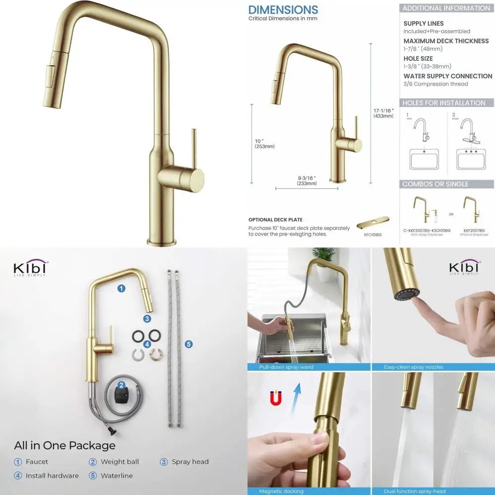 

High Arc Pull-Down Kitchen Faucet with 360-Degree Swivel, Solid Brass Construction for Single Handle Sink Use