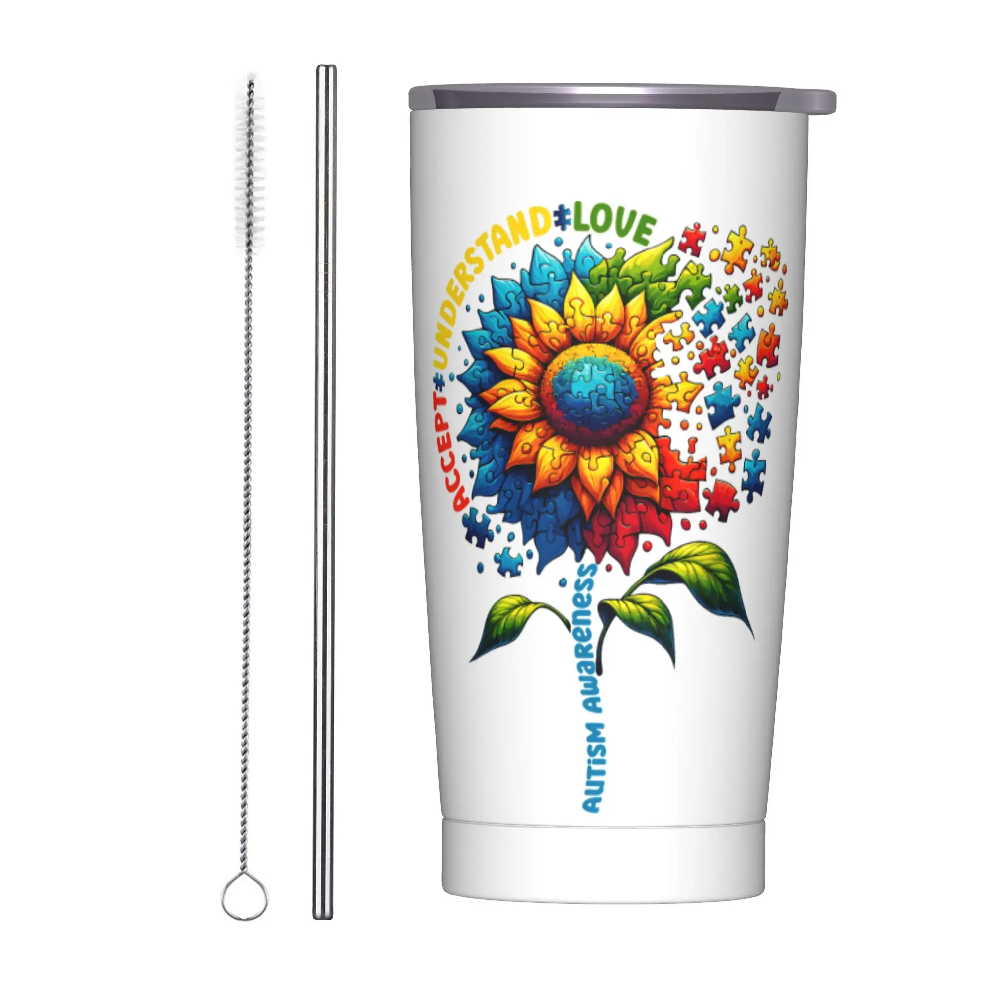 Stainless Steel Tumbler Autism Awareness Sunflower Coffee Mug  Portable Cold Drink Car Mugs Travel Water Bottle