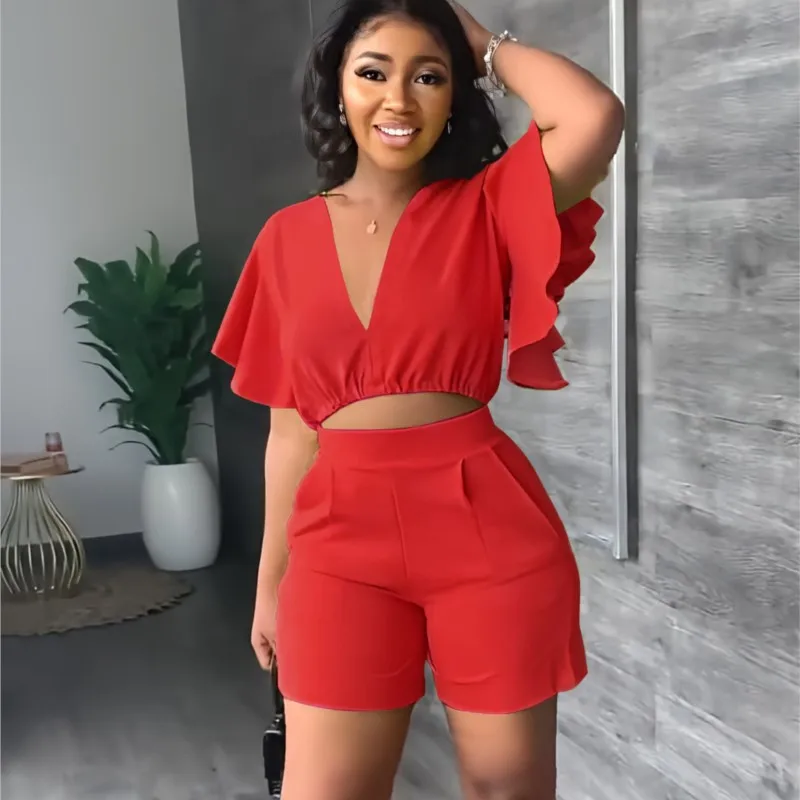 Dames crop top met ruches en korte mouwen en casual vakantie skinny shorts set effen V-hals outfits zomermode 2-delige sets