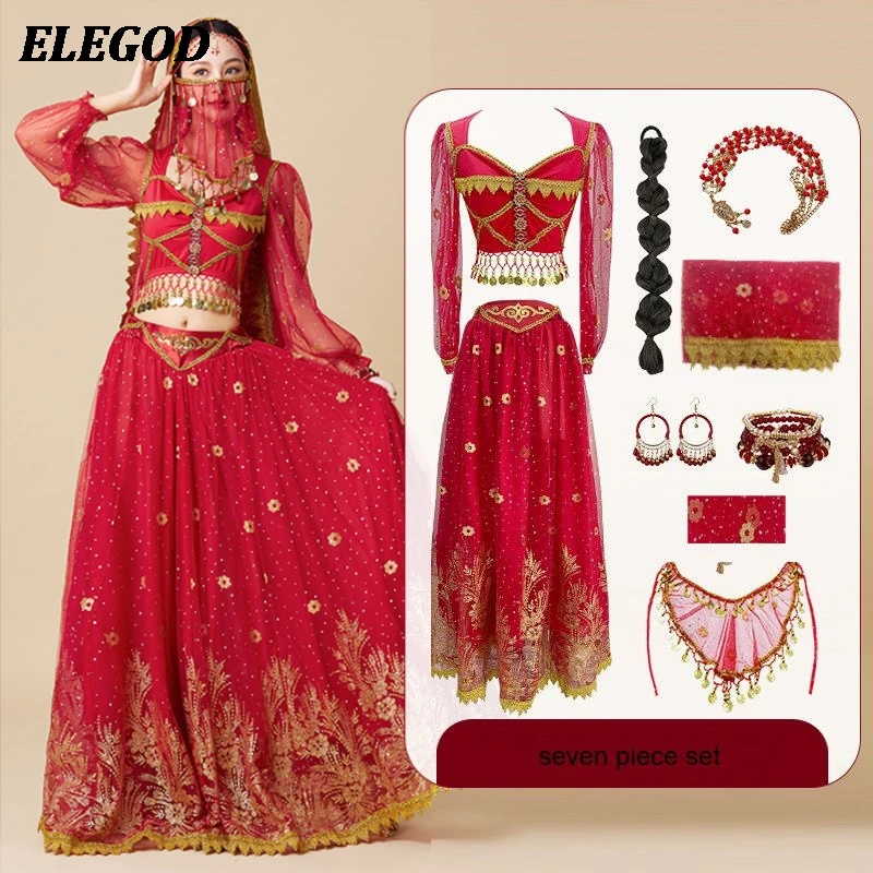 السيدات هالوين تأثيري أداء الزي النساء الرقص الشرقي سوينغ كبير فستان طويل الهندي بوليوود الياسمين الأميرة زي مجموعة #4