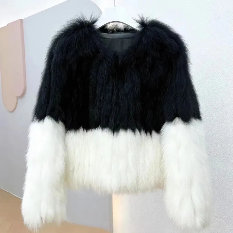 Autumn 2023 Winter New Faux Fox Fur Jackets Women\'s Overcoat Fashion Loose Contrast Color Stitching Warm Fur Jacket Tops