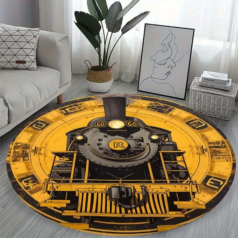 Steam Train Pattern Round Rug Flannel Mat Door Mat Vintage Industrial Style Home Decor