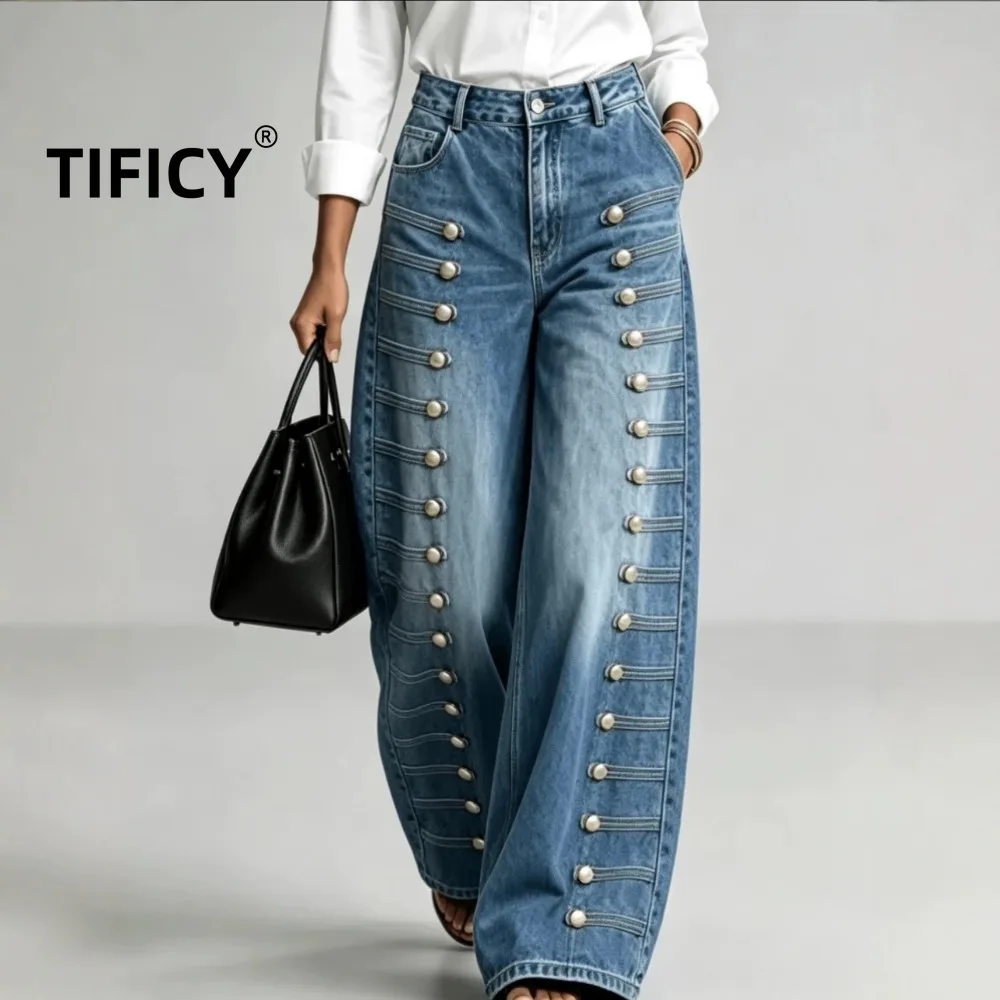 High Street Jean Pants Women's Napoleonic Style Retro High Waisted Metal Buckle Wide Leg Jeans Street Floor Denim Pants