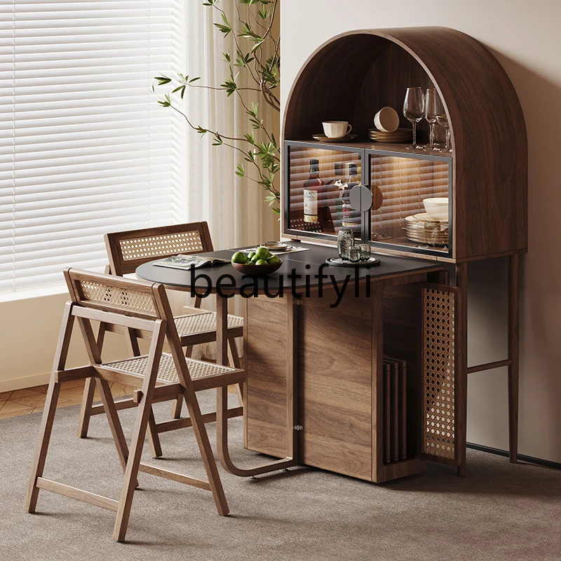 

Multifunctional rock slab folding dining table oval retractable folding side cabinet against the wall