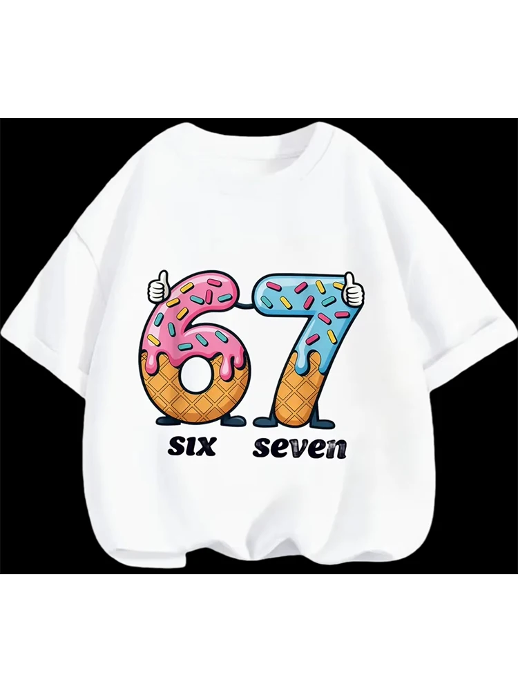 Kids Cute Ice Cream Number 67 Graphic T-Shirt, Soft Cotton Crew Neck Tee, Casual Summer Wear for Boys & Girlsdf0033