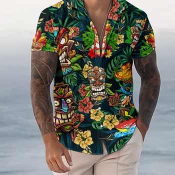 Fashionable European Size Summer Palm Leaf Totem Mask 3D Printed Hawaiian Beach Leisure Party Street Men's Short sleeved Shirt