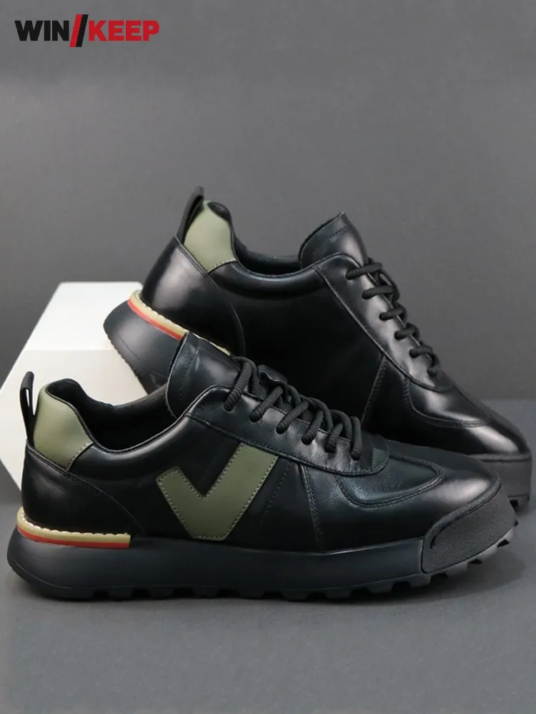 Men Designer Lace Up Breathable Comfortable Color Block Genuine Leather Platform Running Trainers Sport Jogging Sneakers Shoes