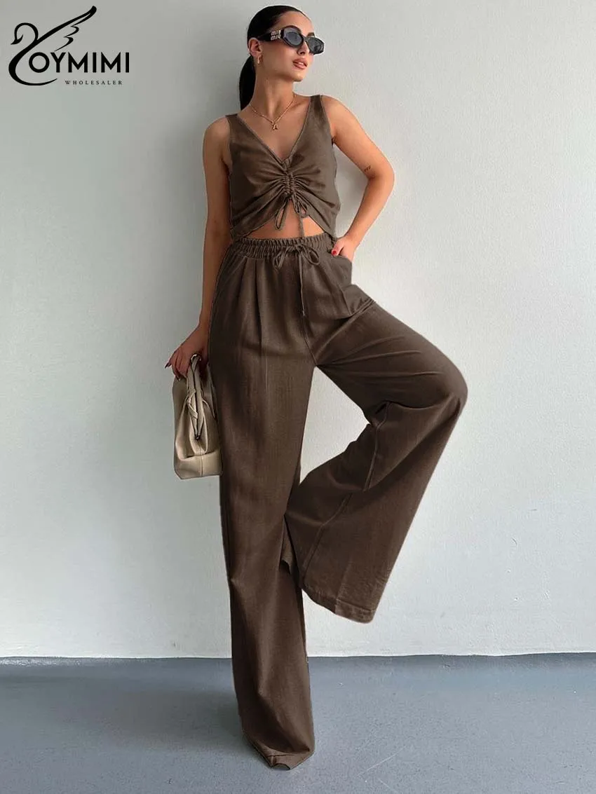 Oymimi Fashion Black Cotton 2 Piece Sets Women Outfit Casual V-Neck Sleeveless Lace-Up Slim Tank Tops And Straight Trousers Sets