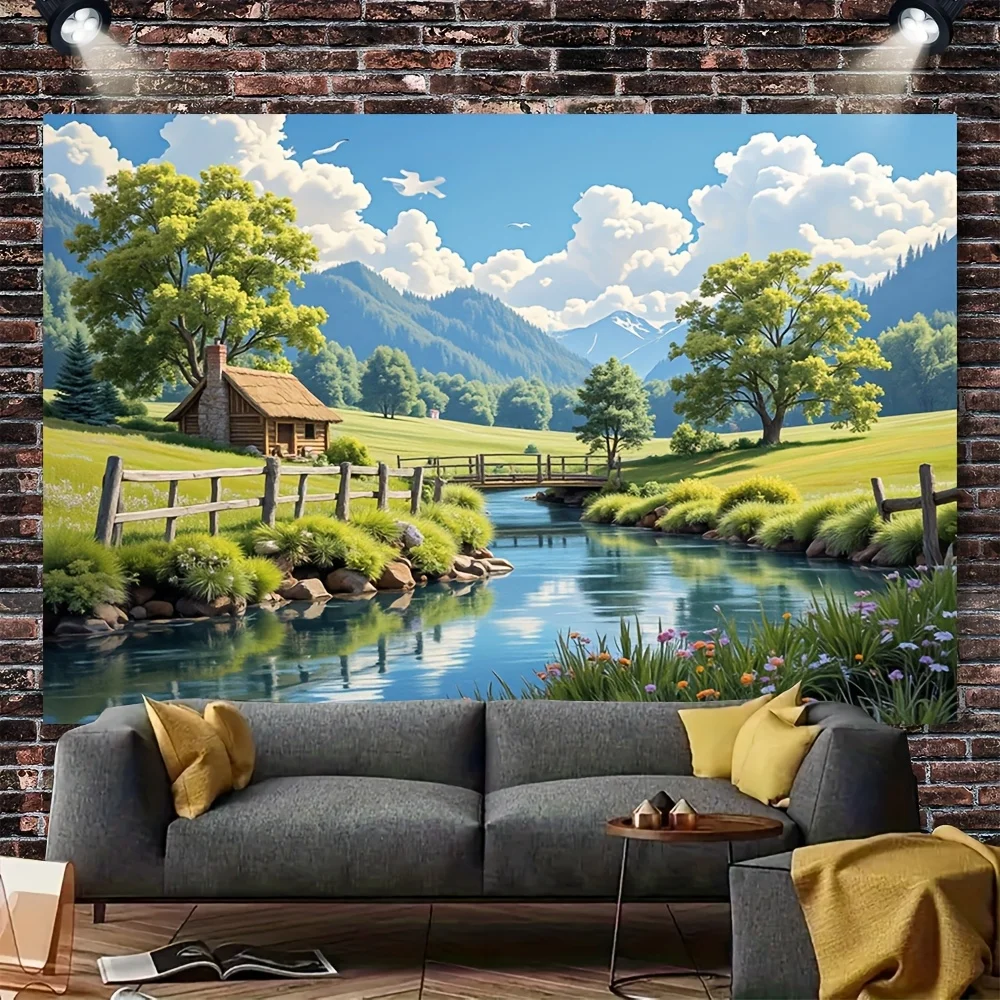 1pc Large Pastoral Landscape Wall Tapestry - Serene Countryside Mural with Stone Cottage & Green Fields, All-Season Wall Hanging