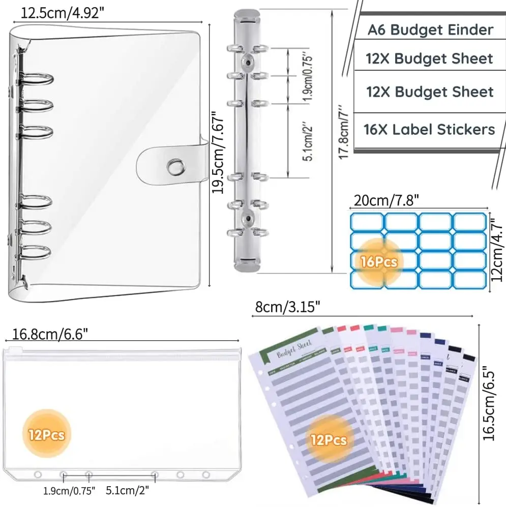 A6 Budget Binder Waterproof Cash Budget Envelope System With 12Pcs Zipper Envelopes 12Pcs Budget Sheet and 16Pcs Label Stickers