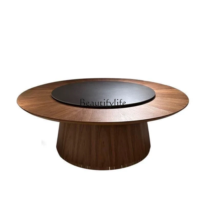 High-end hotel electric rock slab large round table household wooden induction cooker dining table