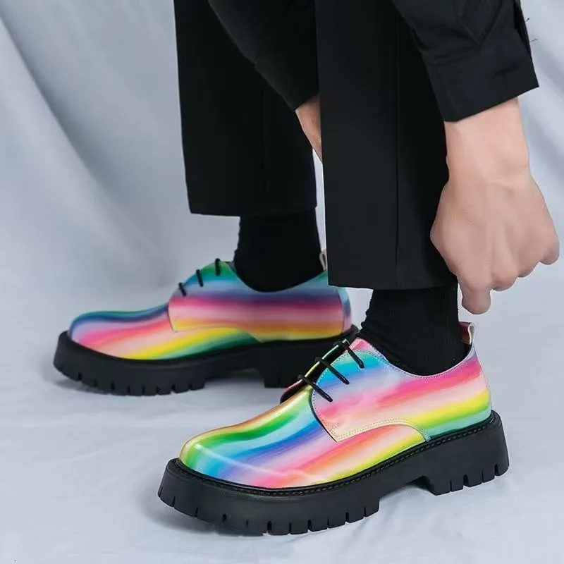 

New Rainbow Colored Men's Casual Leather Shoes with Lace Up Men's Derby Shoes Party Performances Outdoor Walking Sports Shoes